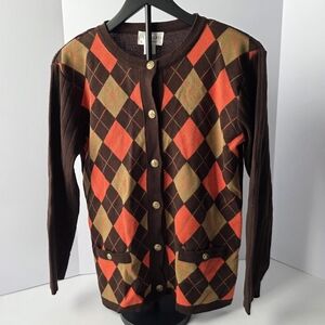 Argyle Cardigan Sweater Vintage 70s Adolfo Collectibles Sweater Size Small